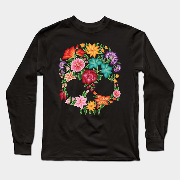 Mexican Embroidery Style Skull Design from Oaxaca, México (Black Background) Long Sleeve T-Shirt by Akbaly